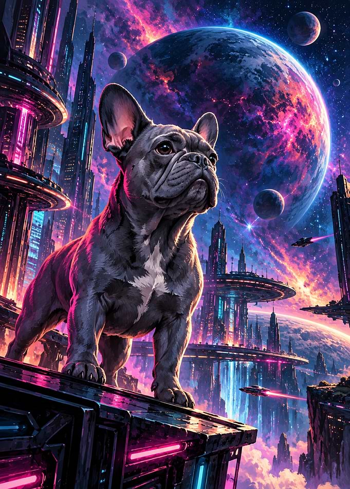 French Bulldog in Futuristic Space City