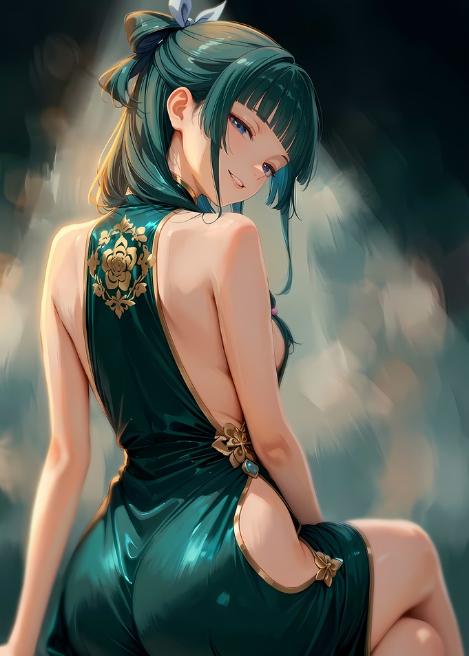 Anime Girl in Elegant Green Qipao