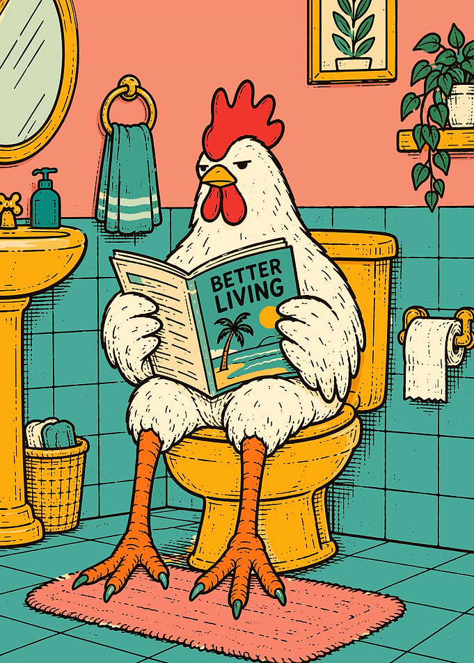 Funny Chicken Reading on Toilet