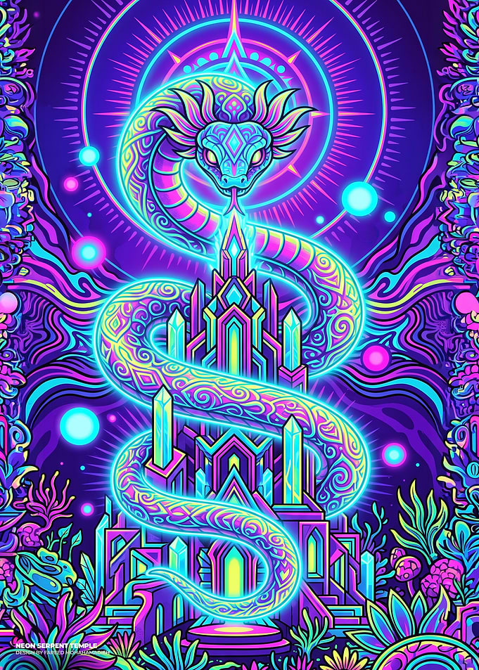 Neon Serpent Temple Psychedelic Art