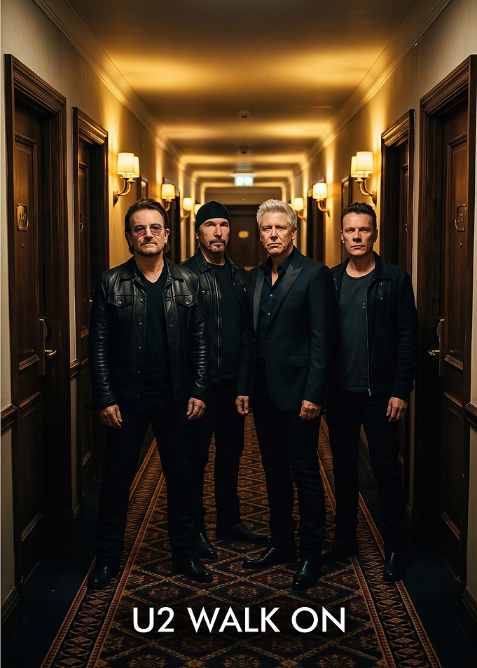 U2 Band Members in Hotel Hallway