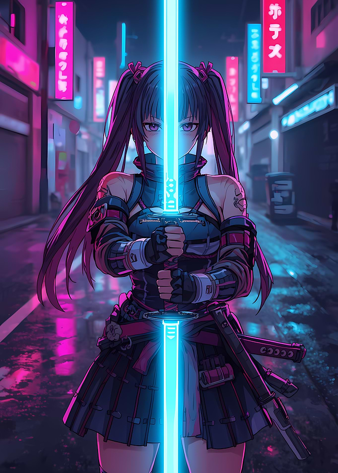 Neon Katana Cyberpunk Samurai Anime Girl Poster