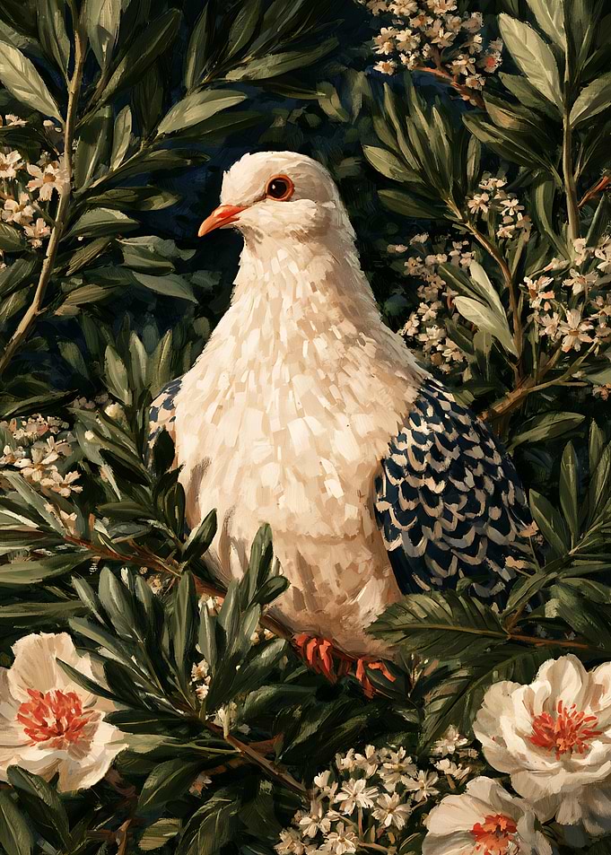White Dove Amidst Flowering Foliage