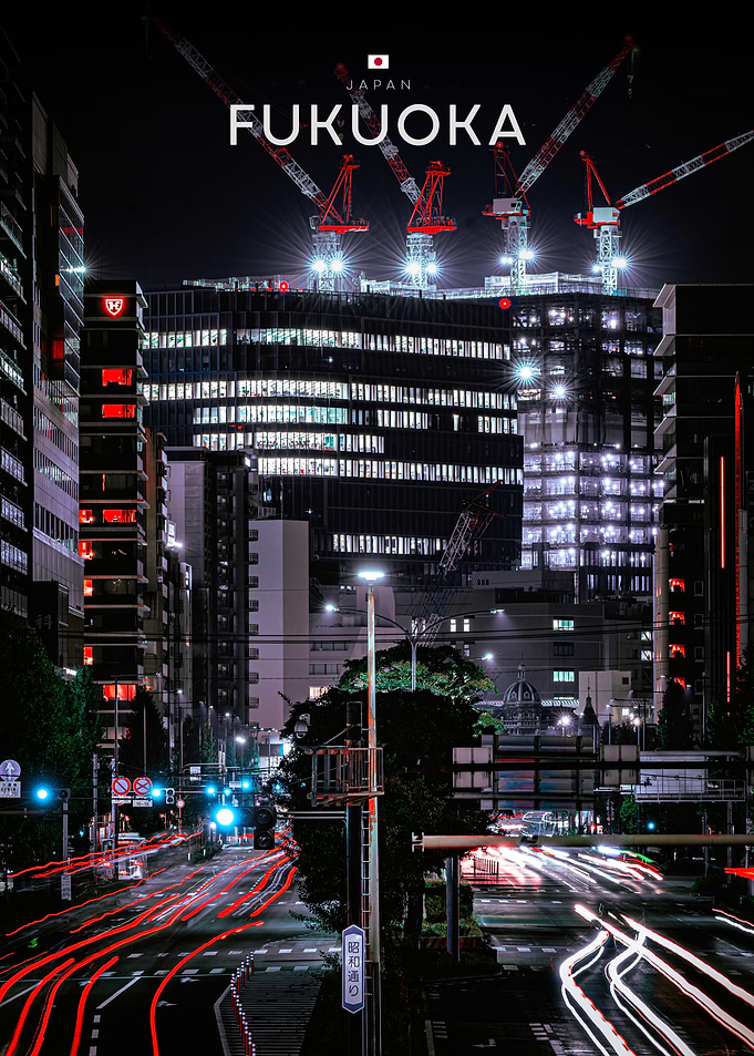 Fukuoka City Nightscape with Construction Cranes