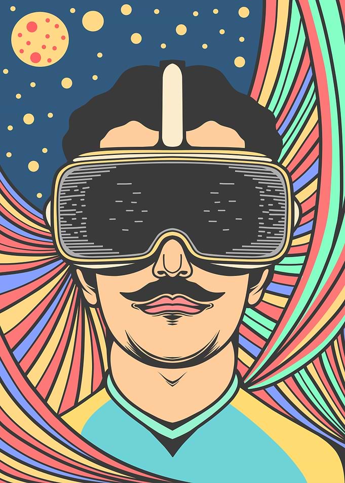 Retro Mustache Man in VR Headset