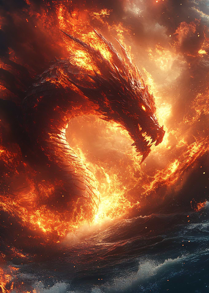 Fiery Dragon Rising From Ocean