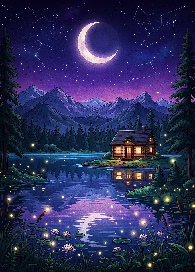 Moonlit Cabin Night Forest Art