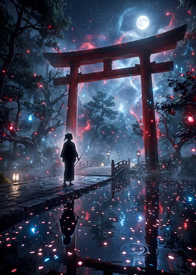 Samurai at Torii Gate Night Scene