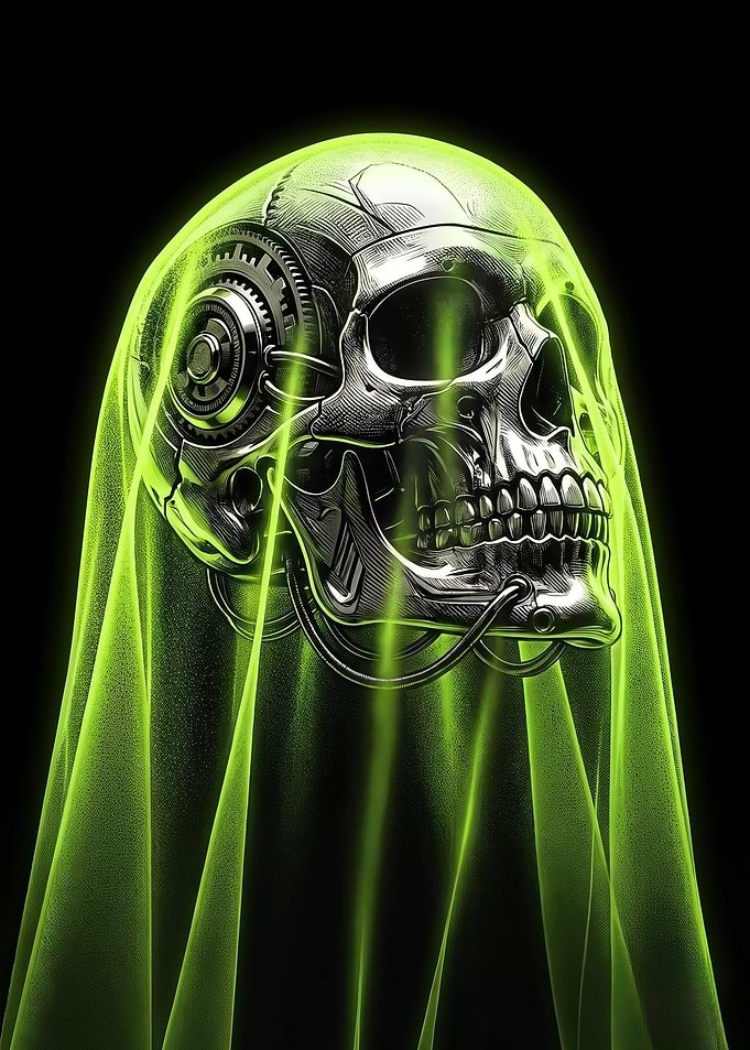 Cybernetic Skull Under Neon Green Veil