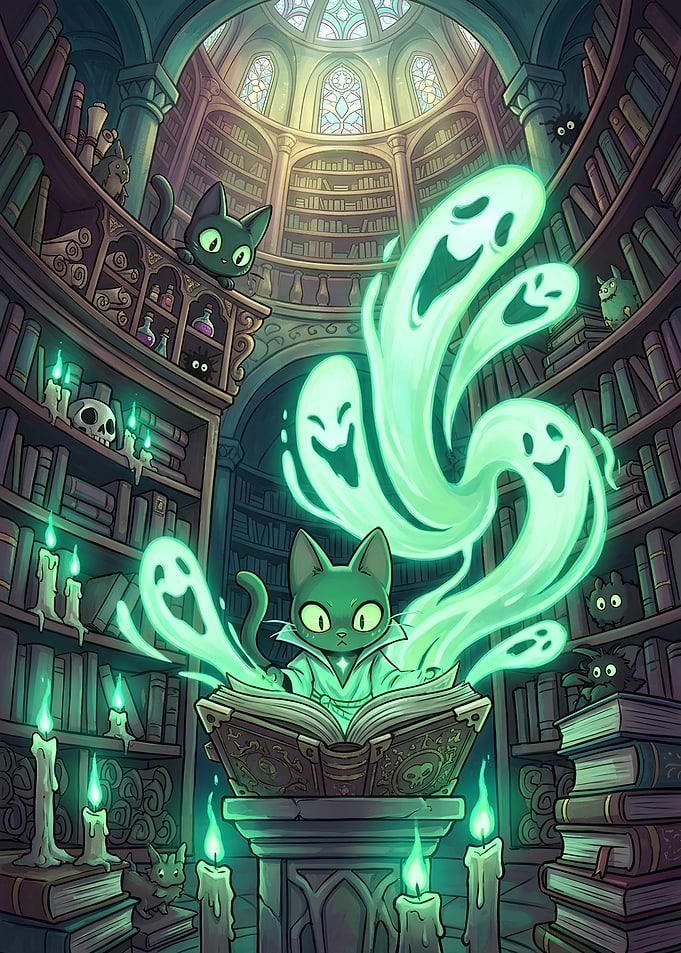 Magical Cat Summoning Ghosts in Library
