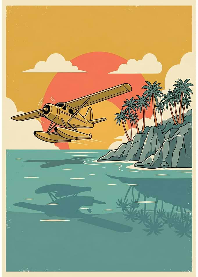 Vintage Seaplane Tropical Sunset Poster