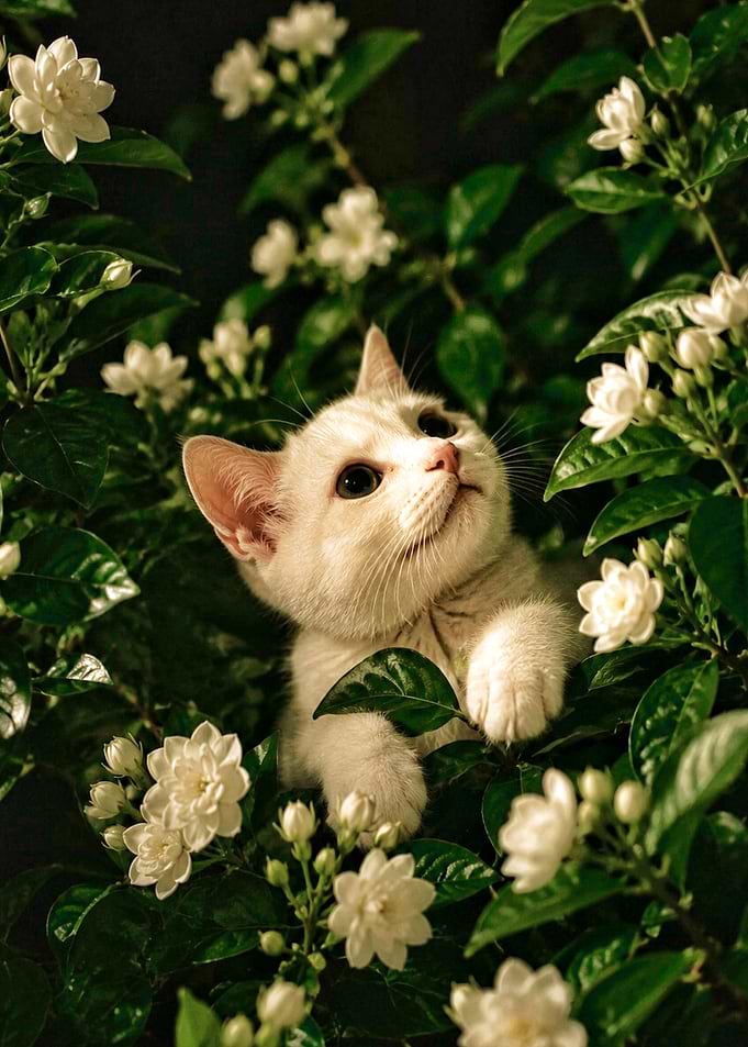 White Kitten Among Jasmine Flowers