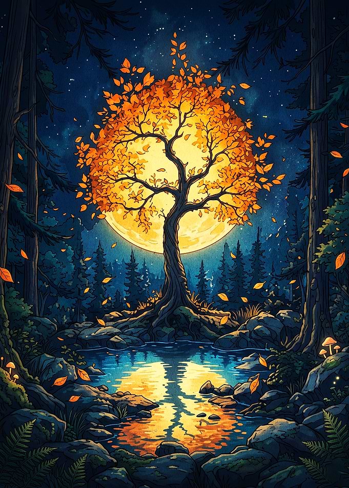 Autumn Tree Moon Fantasy Art Poster