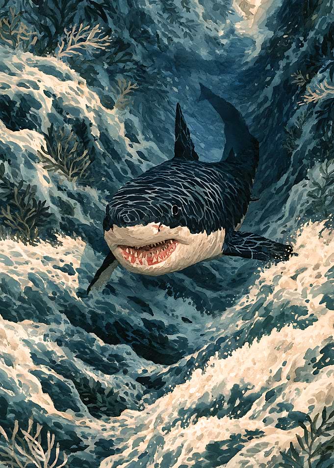 Great White Shark in Turbulent Water