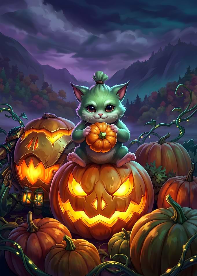 Cute Cat Sitting on Halloween Pumpkin