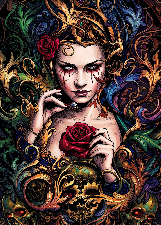 Gothic Queen with Roses and Skulls