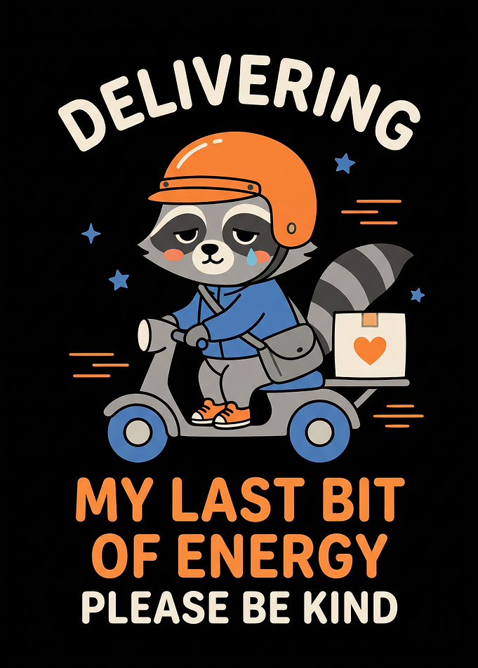Tired Raccoon Delivery Scooter Illustration