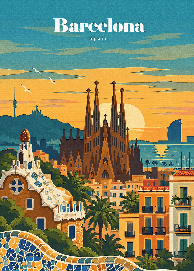 Vintage Style Barcelona Travel Poster