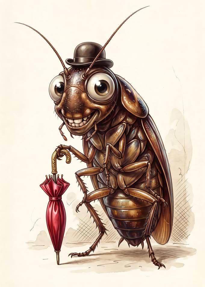 Dapper Cockroach with Red Umbrella
