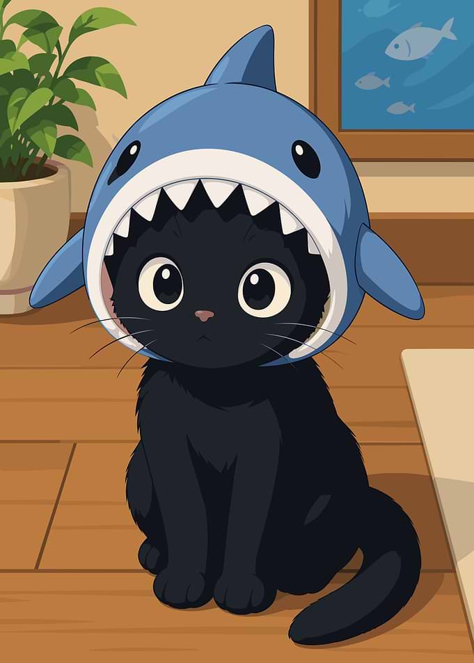 Cute Black Cat Wearing Shark Hat