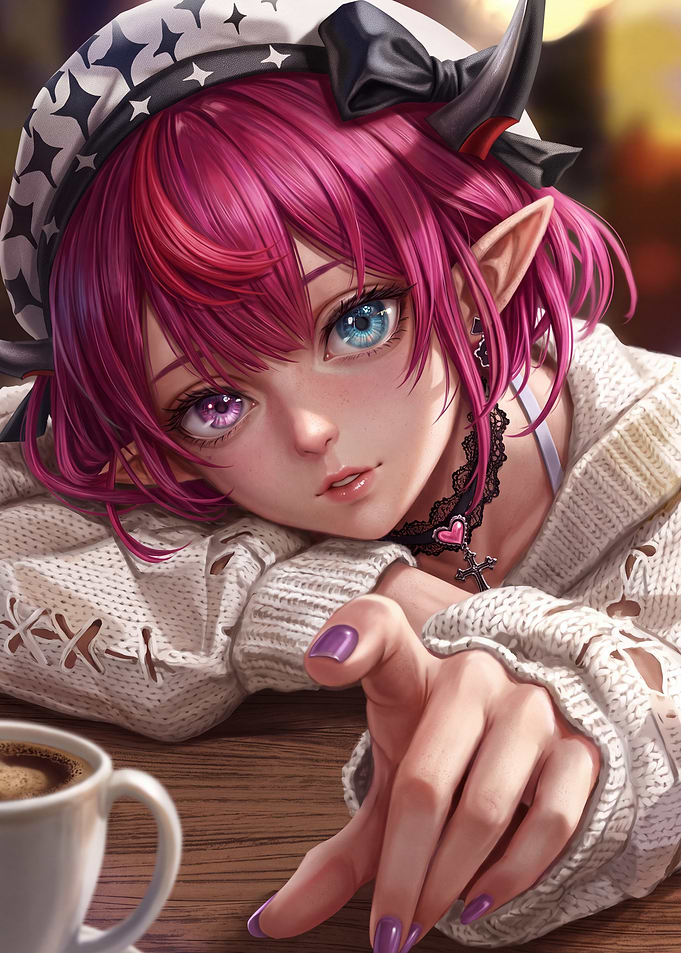 Anime Girl with Heterochromia at Cafe