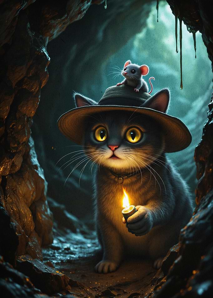 Cat Explorer Cave Fantasy Art