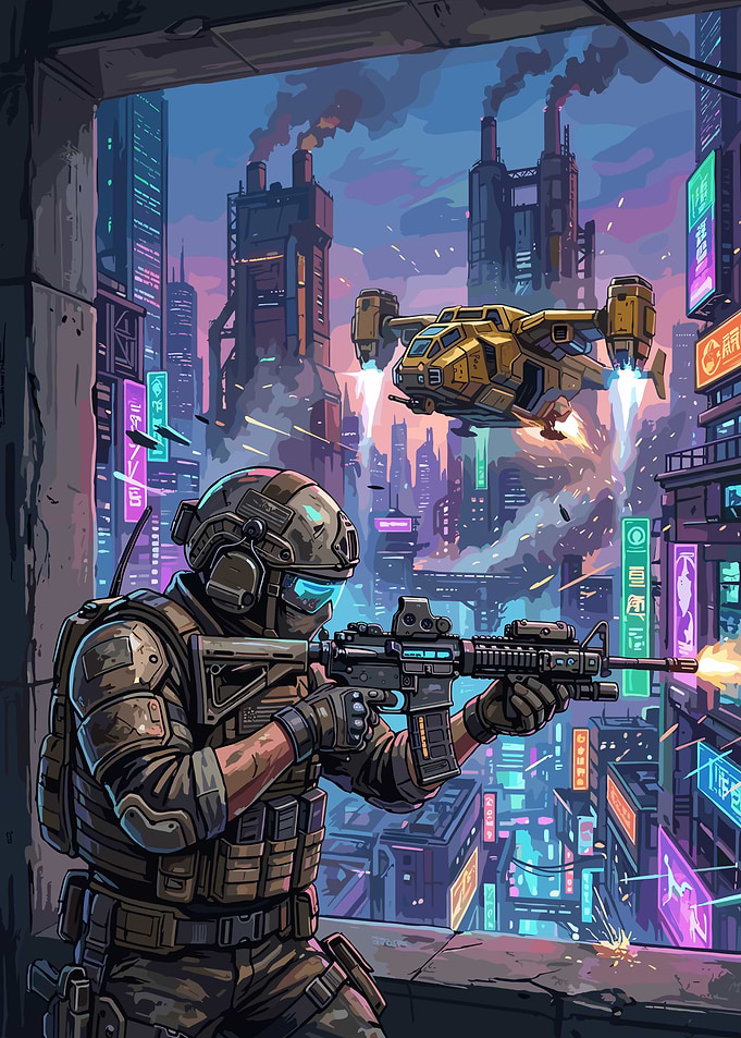 Cyberpunk Soldier in Futuristic City Battle