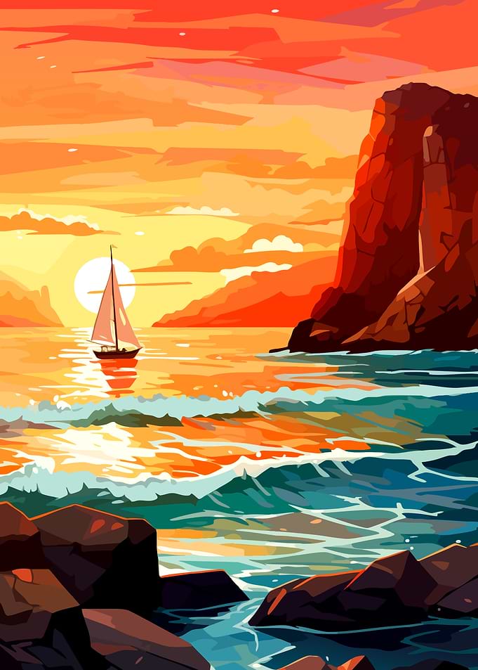 Sailboat at Sunset Coastal Landscape