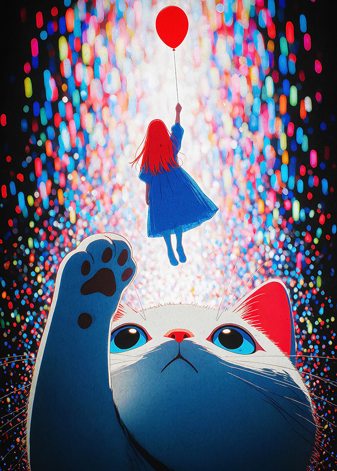Cat And Balloon Girl Dreamy Art