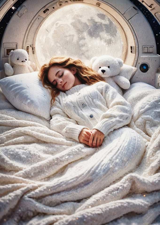 Space Girl Sleep Moon Art Poster