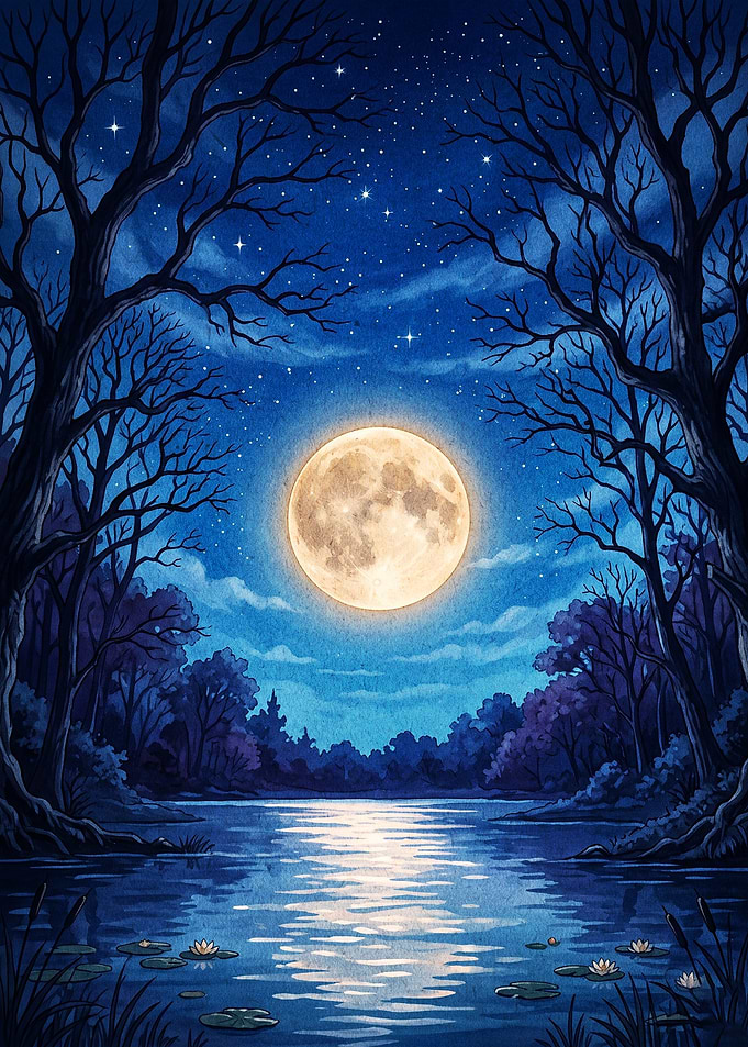 Full Moon Night River Mystical Art