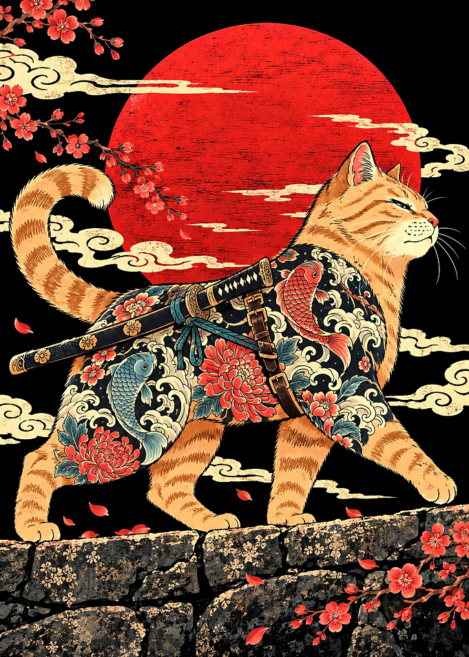Samurai Cat with Traditional Japanese Tattoo