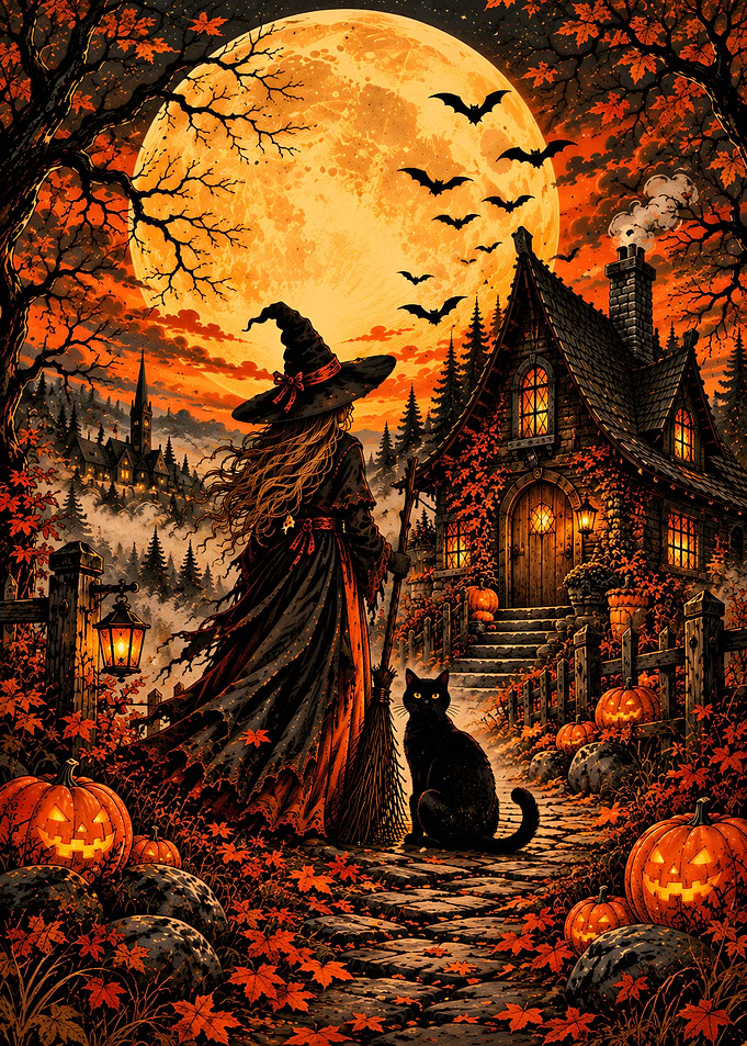 Witch and Black Cat at Halloween