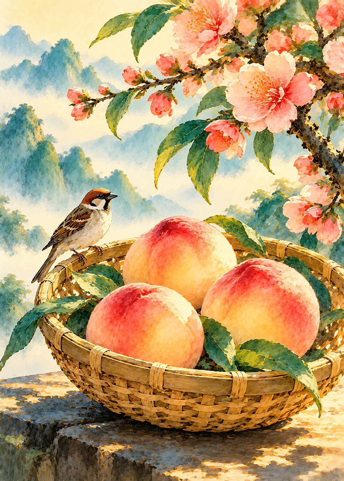 Sparrow and Peaches in Woven Basket