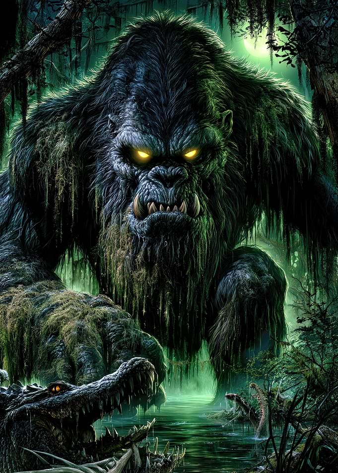 Giant Swamp Ape Confronting Alligator