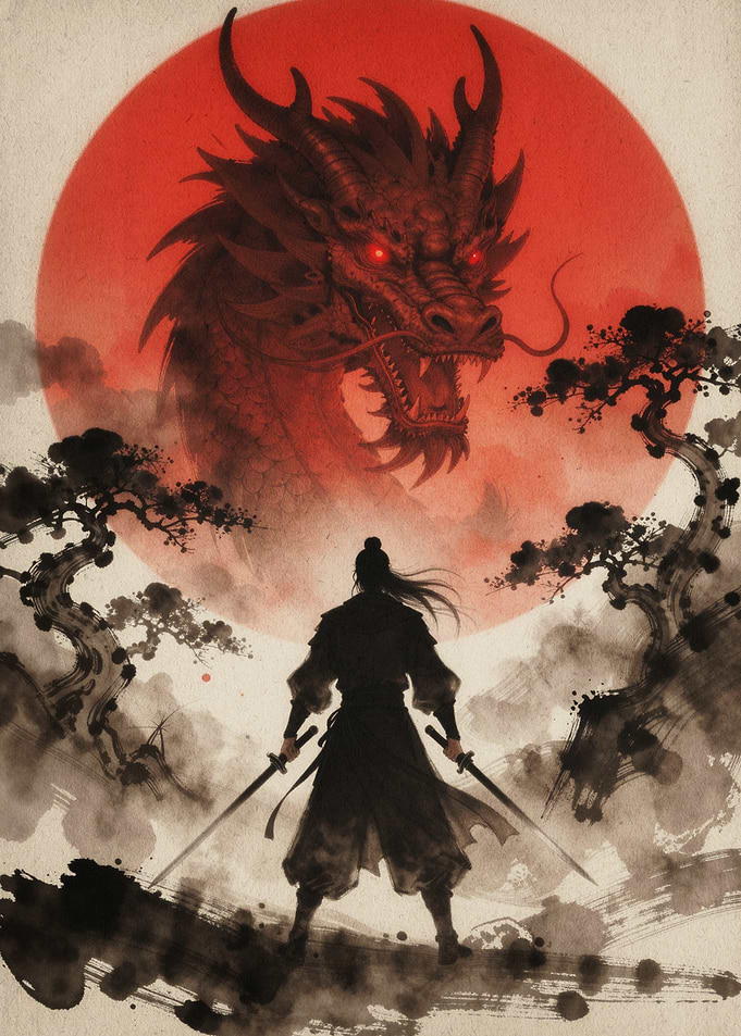 Samurai Dragon Red Sun Ink Art