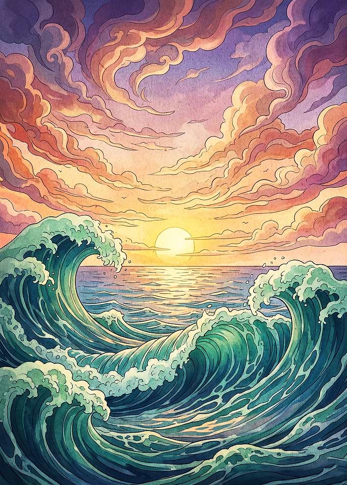 Ocean Waves Sunset Watercolor Poste