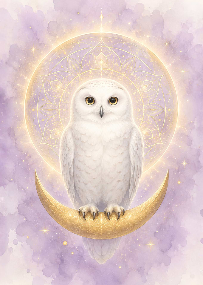 Celestial Snowy Owl – Lavender Watercolor Crescent Moon Art