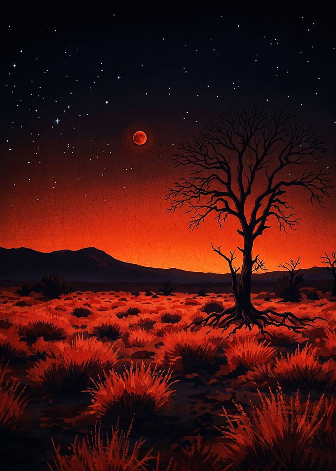 Desert Night Red Moon Landscape Art