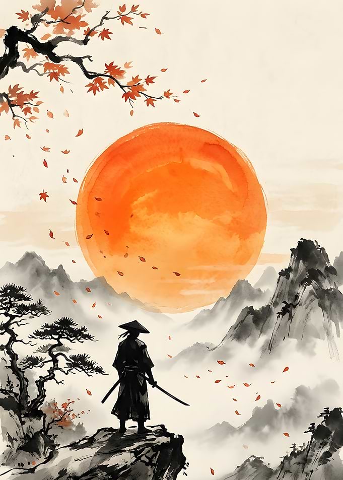 Samurai Standing Before Setting Sun