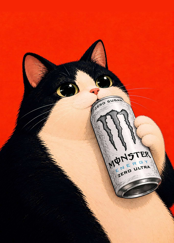 Cute Cat Drinking Monster Energy