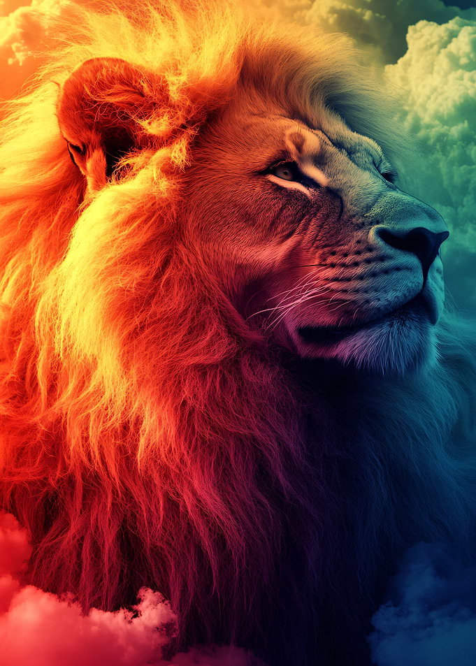Majestic Lion in Colorful Clouds