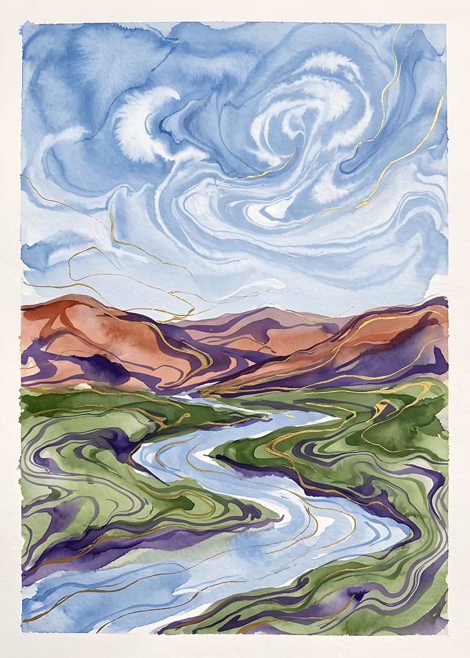 Abstract Watercolor Landscape with Gold Accents