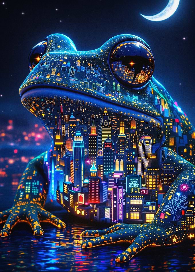 Cyberpunk Frog City Neon Art