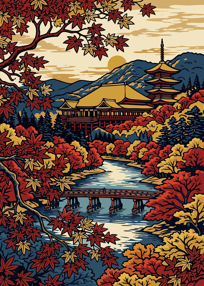 Kyoto Pagoda and Autumn Maple Leaves – Japanese Ukiyo-e Metal Wall Art