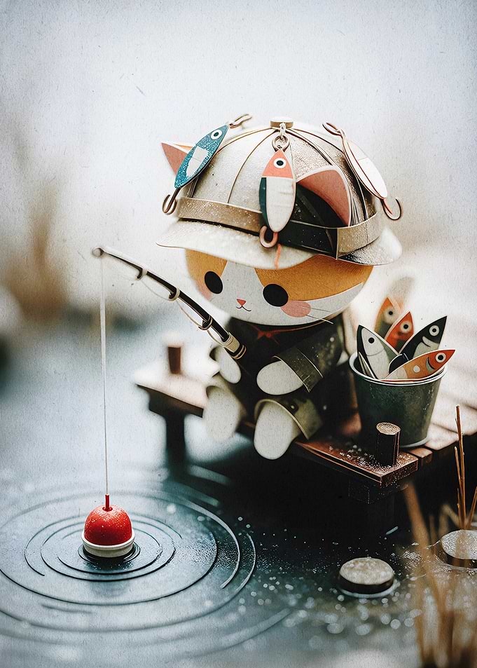 Fishing Cat Craft Paper Art Poster