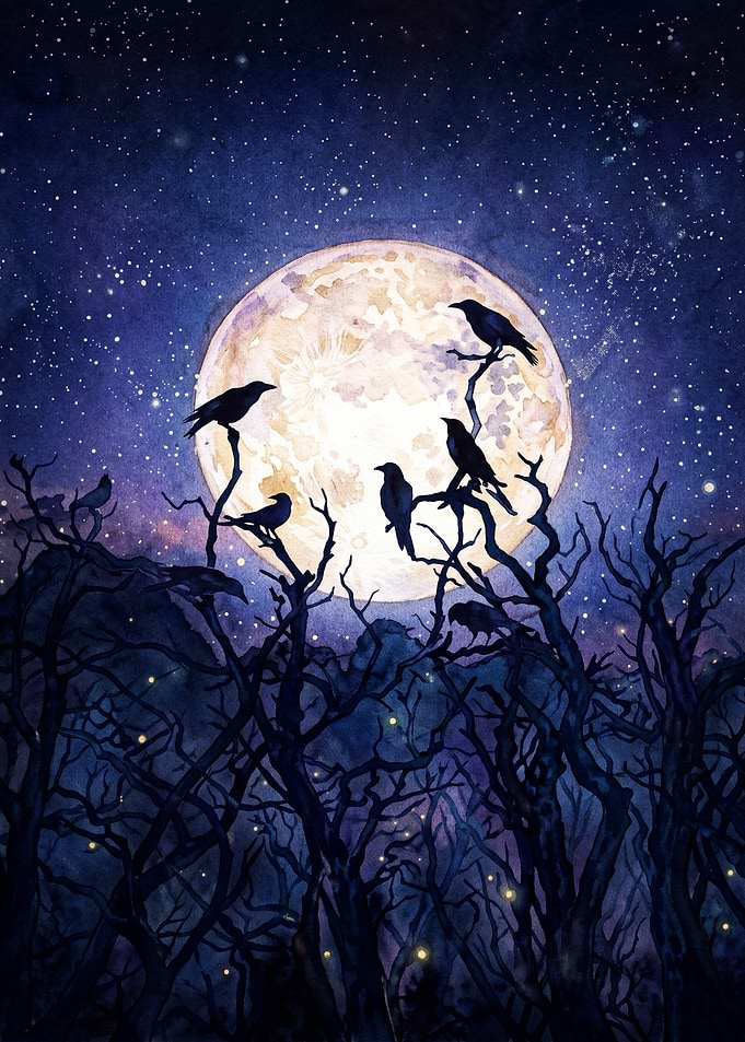 Pink Moon Forest Crows Art