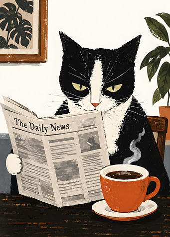 Sophisticated Tuxedo Cat Reading Newspaper