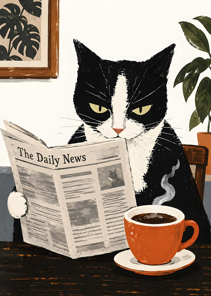 Sophisticated Tuxedo Cat Reading Newspaper