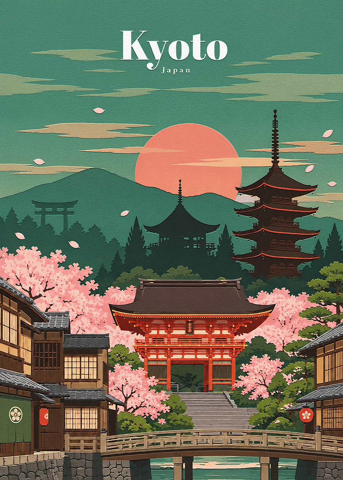 Kyoto Japan Travel Poster Illustration